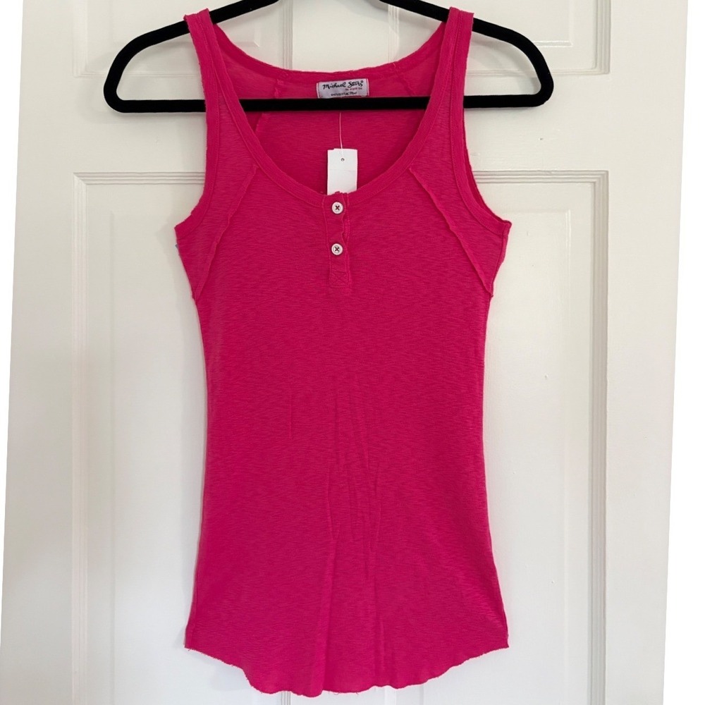 Michael Stars Women Hot Pink Henley Ribbed Tank Top One Size Style 6106 USA Made